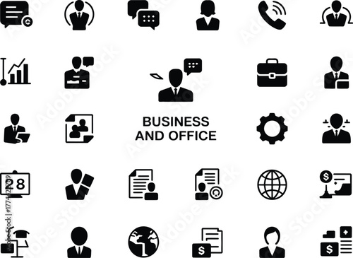 A set of business and office icons in black color showing different aspects of business and office work