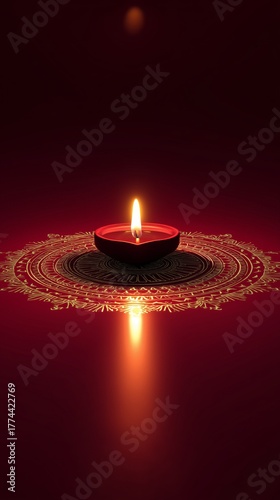 Golden Diya Lamp on Ornate Rangoli with Warm Festive Light Bokeh on a golden mandala on a red background
