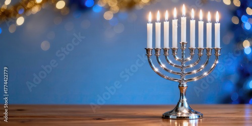 Elegant silver menorah with nine lit candles for Hanukkah. Jewish holiday celebration with a festive blue bokeh background and copy space