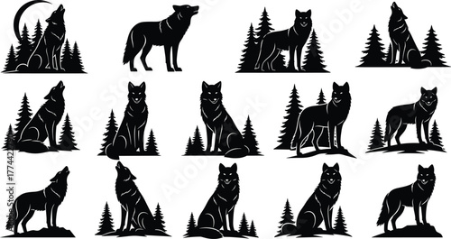 Wolf silhouette vector set, wilderness animal illustration, forest and moon scene, howling wolf graphic, editable nature design, wildlife themed artwork