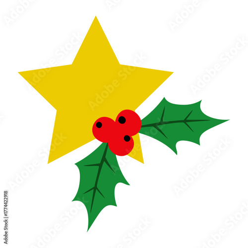 Decoración de Navidad. Logo con estrella de color amarillo con hojas y bayas de acebo para tarjetas y felicitaciones