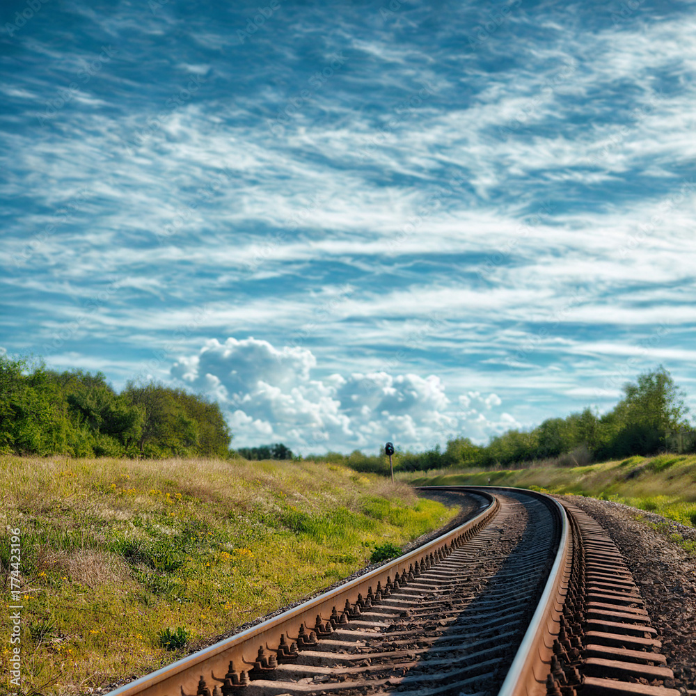 Fototapeta premium Winding train tracks through a grassy field under a cloudy sky