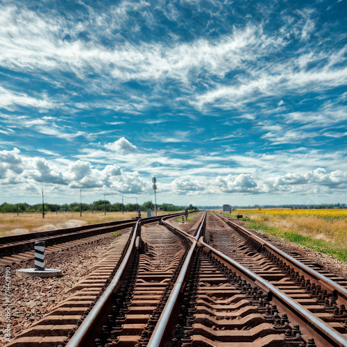 Train tracks diverge under a dramatic cloudy sky