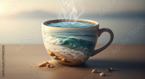 Fototapeta Naklejka Na Ścianę i Meble -  Coffee Cup with Ocean Wave Inside