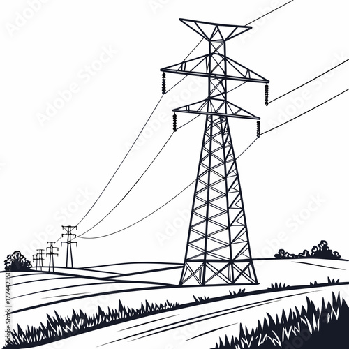 Black and white illustration of a high voltage electricity pylon in a rural landscape with power lines stretching across fields
