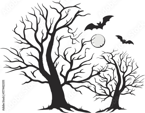Silhouette of two barren trees with branches reaching towards the sky with bats and moon at night