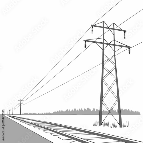 Perspective view of a railway track leading towards a forest with power lines and transmission towers