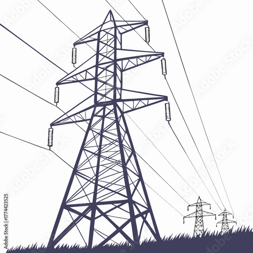Tall electricity pylon with power lines stretching across a clear sky over grassy ground
