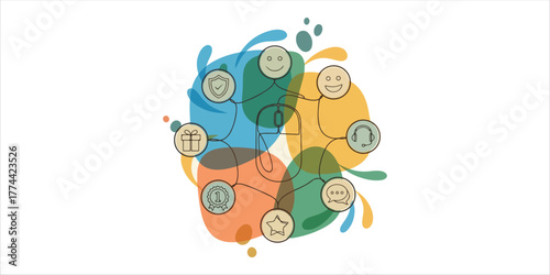 Using a computer mouse with icons representing customer trust, satisfaction, rewards, support, quality, price, A refined continuous line art illustration enhanced with abstract color blocks and organi