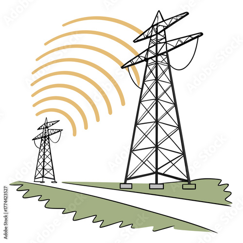 Two electricity pylons transmitting signals across a landscape with radio waves emanating from them