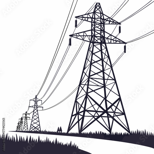 A row of high voltage electricity pylons stretching into the distance against a white background