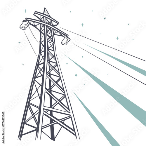 Stylized illustration of a tall electricity pylon with power lines stretching into the distance against a white background