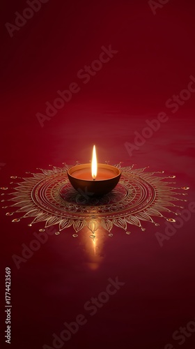 Golden Diya Lamp on Ornate Rangoli with Warm Festive Light Bokeh on a golden mandala on a red background
