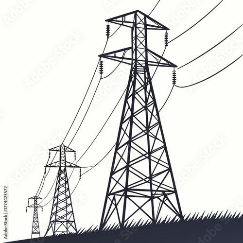 Three tall electricity pylons with power lines stretching across a bright sky over grassy ground