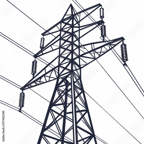 Iconic high voltage electricity pylon tower structure with power lines against a white background