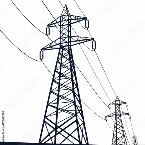 Tall electricity pylons with power lines stretching across a clear white sky