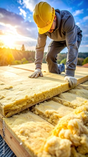 Roofer Installing Insulation on a Roof Under Construction.