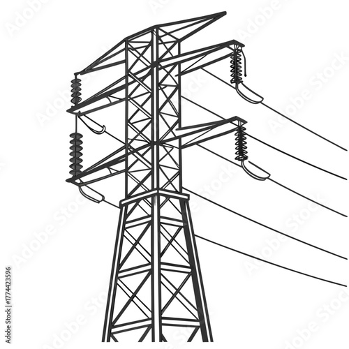 Black and white line drawing of a tall electricity pylon with power lines extending to the right