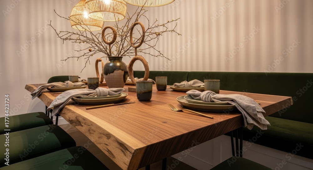 Fototapeta premium Modern Scandinavian dining room interior with natural wood table and green banquette seating