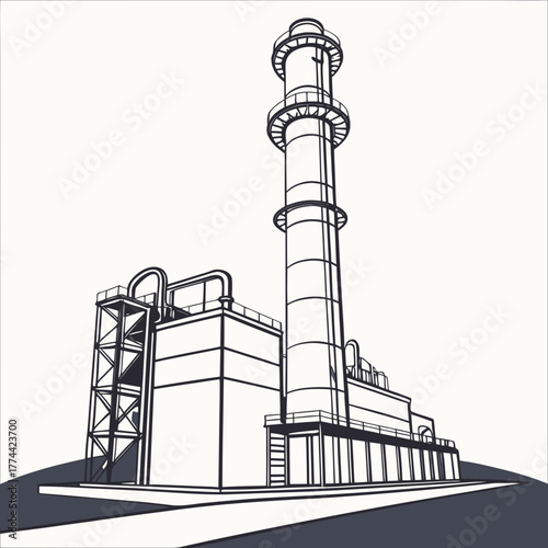 Industrial power plant with tall smokestack and connected buildings in a minimalist line art style
