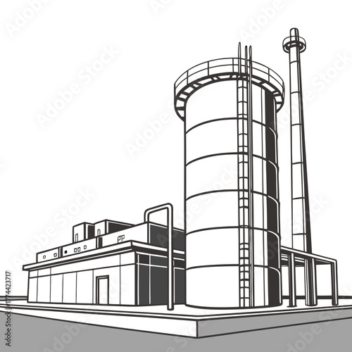 Industrial facility with large storage tanks and a tall smokestack against a white background