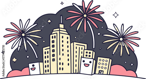 Cartoon cityscape at night with fireworks and smiling buildings under a starry sky celebration scene