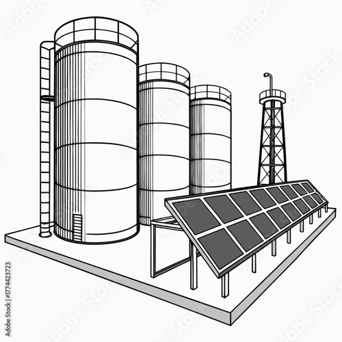 Industrial facility with large storage tanks and solar panels representing renewable energy integration