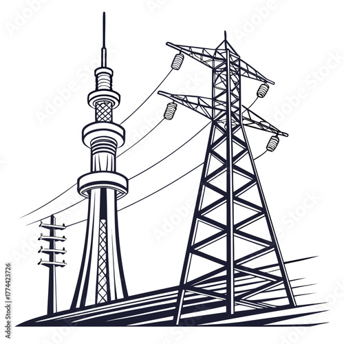 Stylized illustration of a communication tower and a high voltage electricity pylon with power lines