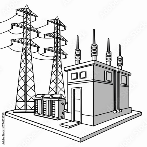 Illustration of an electrical substation with transmission towers and transformer equipment on a white background