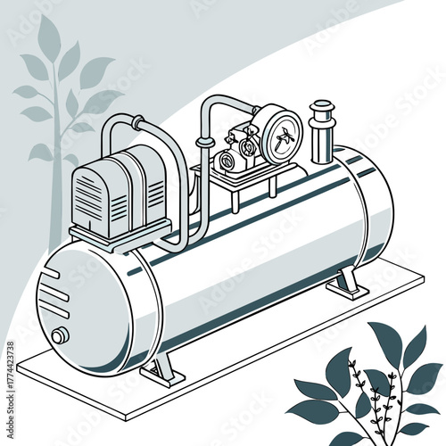 Isometric illustration of a stationary air compressor with a pressure gauge and motor on a platform with stylized plants
