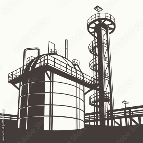 Industrial landscape featuring a large spherical storage tank and a tall tower with a spiral staircase against a plain background