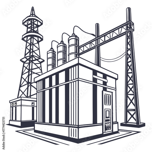 Industrial power substation with electrical transmission towers and transformers on a white background