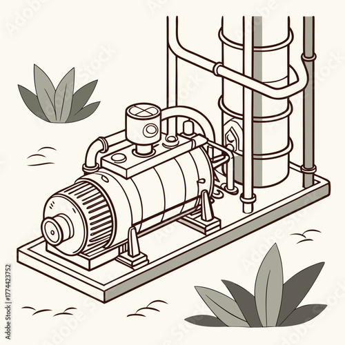 Illustration of an industrial pump and vertical tank system with surrounding vegetation and a light background