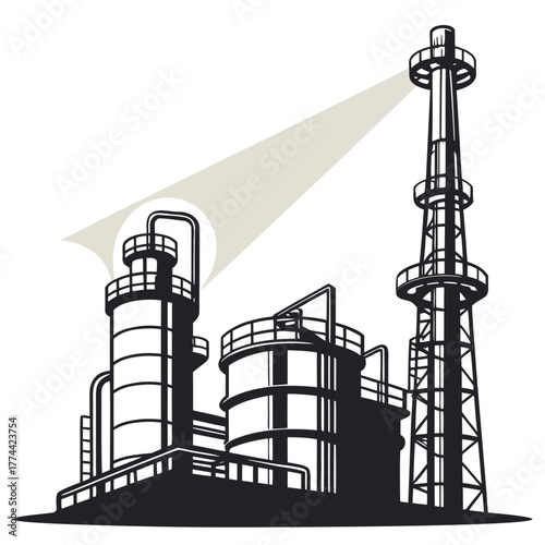Modern industrial oil refinery complex with distillation towers and flare stack against a light background