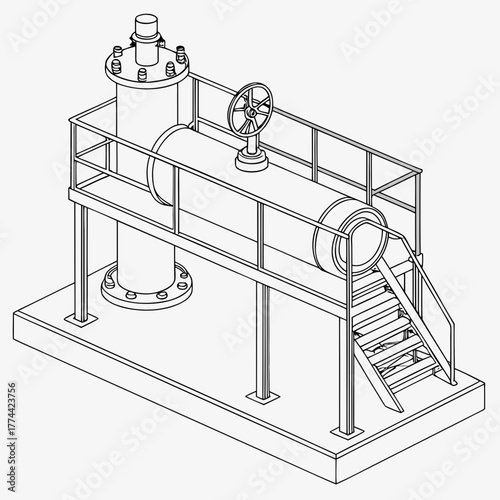 Isometric line drawing of industrial equipment with pipes valves and ladder on a platform