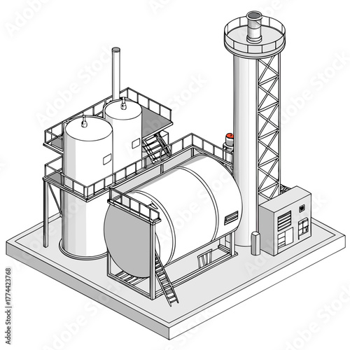 Industrial facility with storage tanks a tall tower and control panel in a clean isometric illustration
