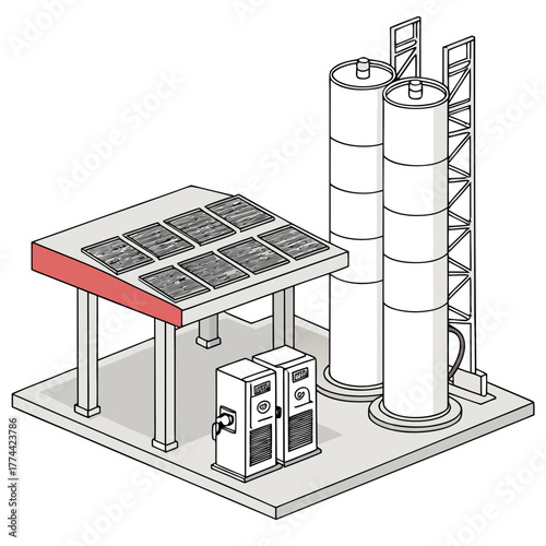 Modern electric vehicle charging station with solar panels and industrial storage tanks