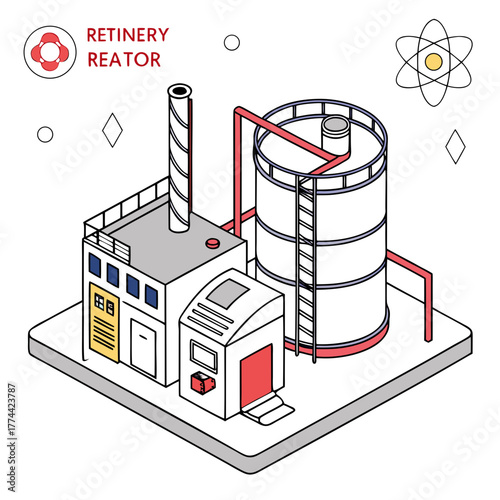 Isometric illustration of a refinery reactor plant with storage tanks and industrial buildings