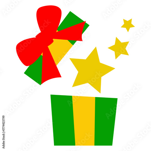 Logo con estrellas de color amarillo saliendo de caja de regalo para tarjetas y felicitaciones de Navidad
