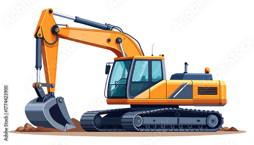 A detailed illustration of a yellow and grey excavator, a heavy construction vehicle with a digging arm and bucket, on a small mound of earth.