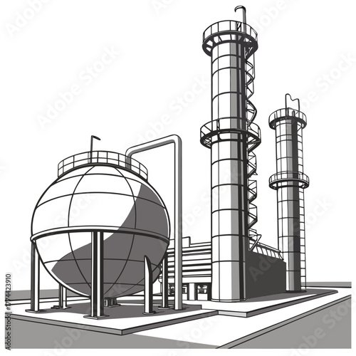 Industrial facility with spherical storage tank and tall distillation towers on a white background