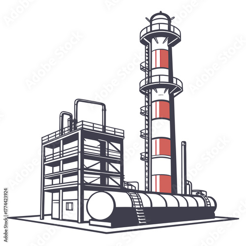 Stylized illustration of an industrial oil refinery plant with distillation tower and storage tanks