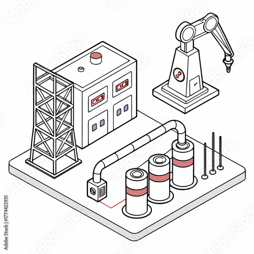 Isometric view of a modern factory with a robotic arm and industrial equipment on a white background