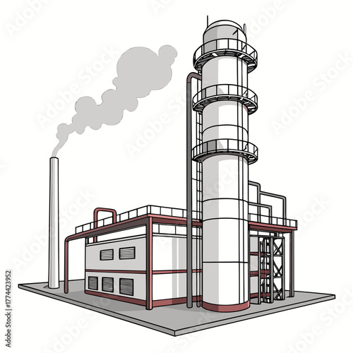 Industrial factory with tall distillation tower and smokestack emitting smoke against white background