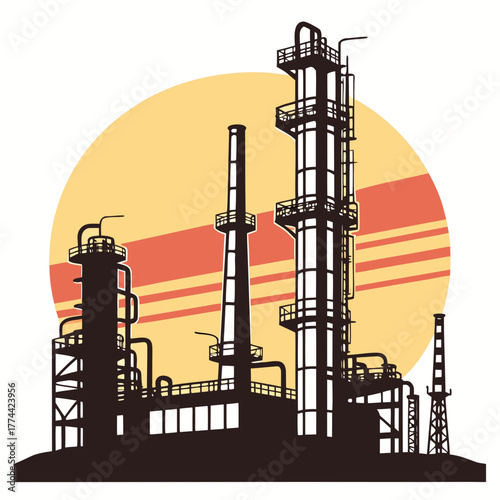 Silhouette of an industrial oil refinery complex with tall distillation towers against a stylized sunset background