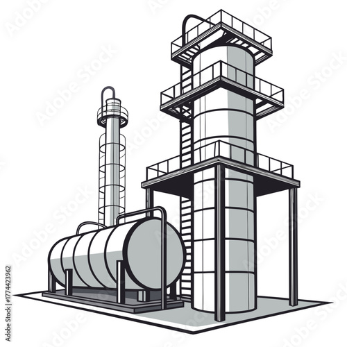 Industrial distillation tower and storage tank illustration in a simplified graphic style