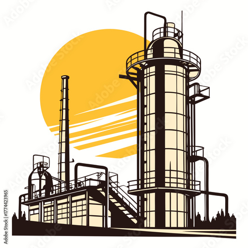 Industrial oil refinery complex with tall towers and pipelines against a bright yellow sun and stylized clouds