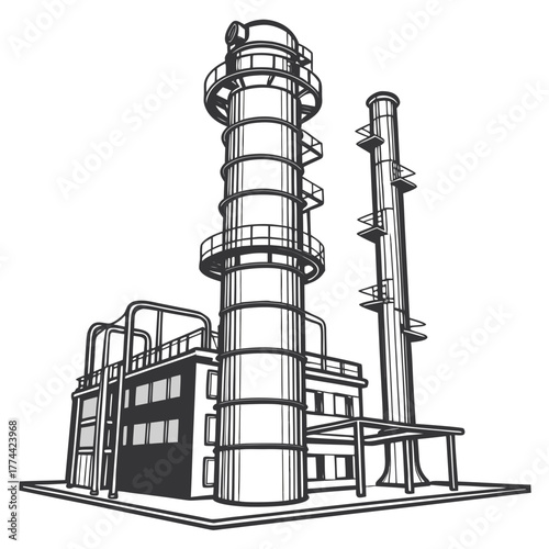 Industrial factory building with tall towers and pipes illustration in black and white