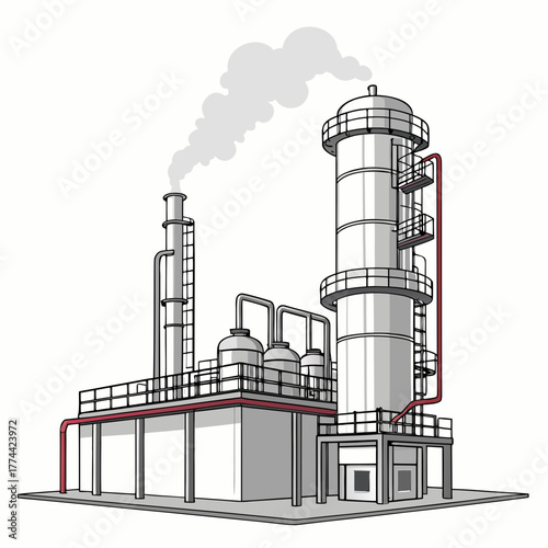 Industrial chemical plant with tall distillation towers and smoke billowing from a smokestack