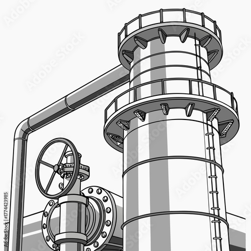 Industrial pipeline and distillation column with valve and ladder on white background